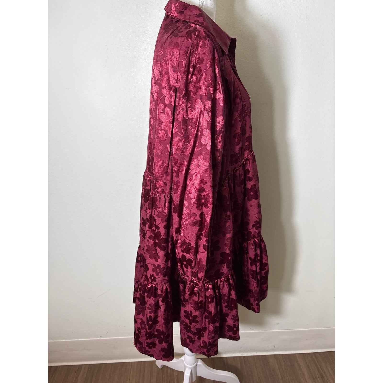 Buru Burgandy Floral Tiered Long Sleeve Baby Doll Dress Sz S