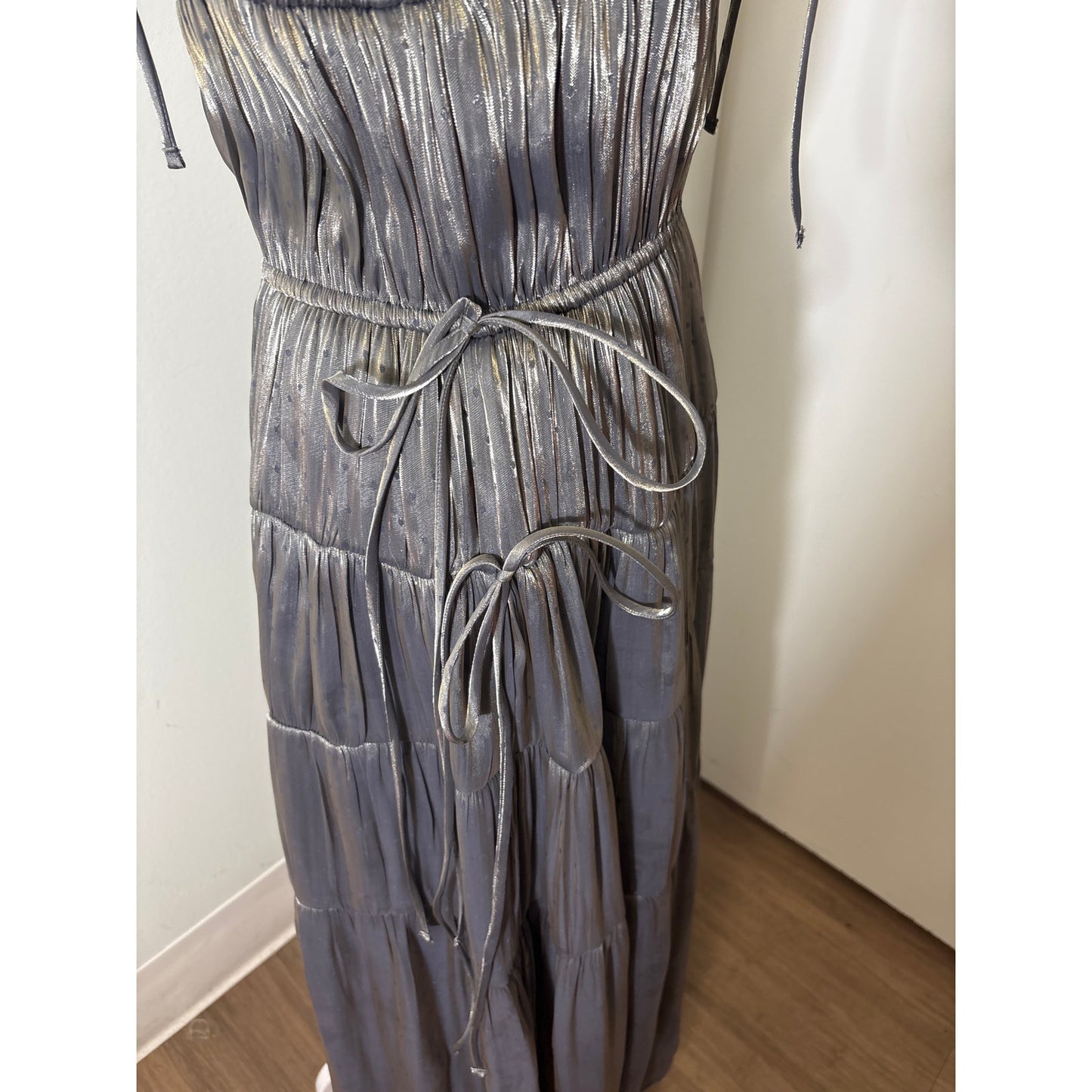 Ciao Lucia Gun Metal Pleated Tiered Long FLowy Special Occasion Dress Sz L