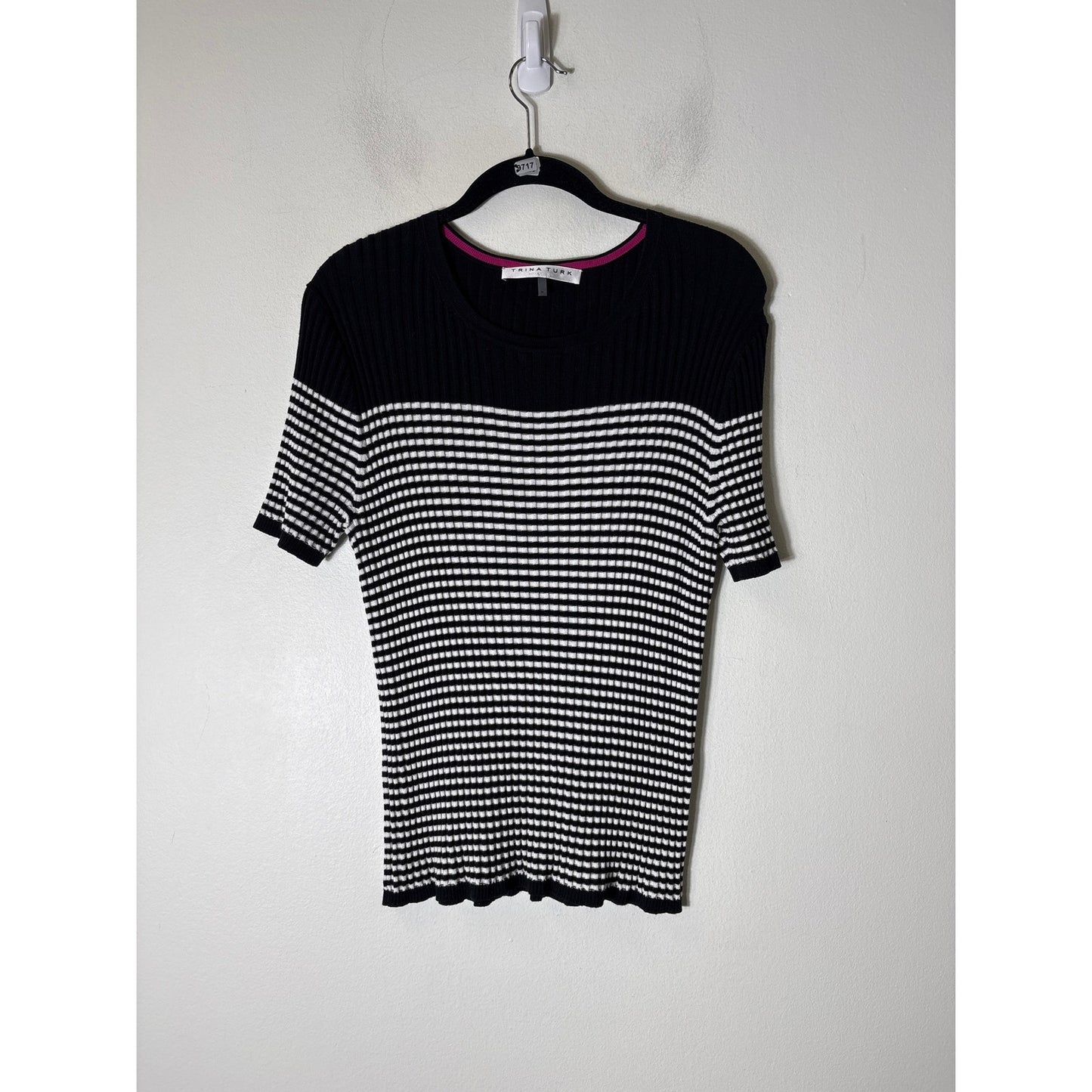 Trina Turk Black White Stripe Short Sleeve Knit Sweater Sz S
