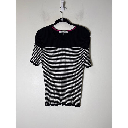 Trina Turk Black White Stripe Short Sleeve Knit Sweater Sz S