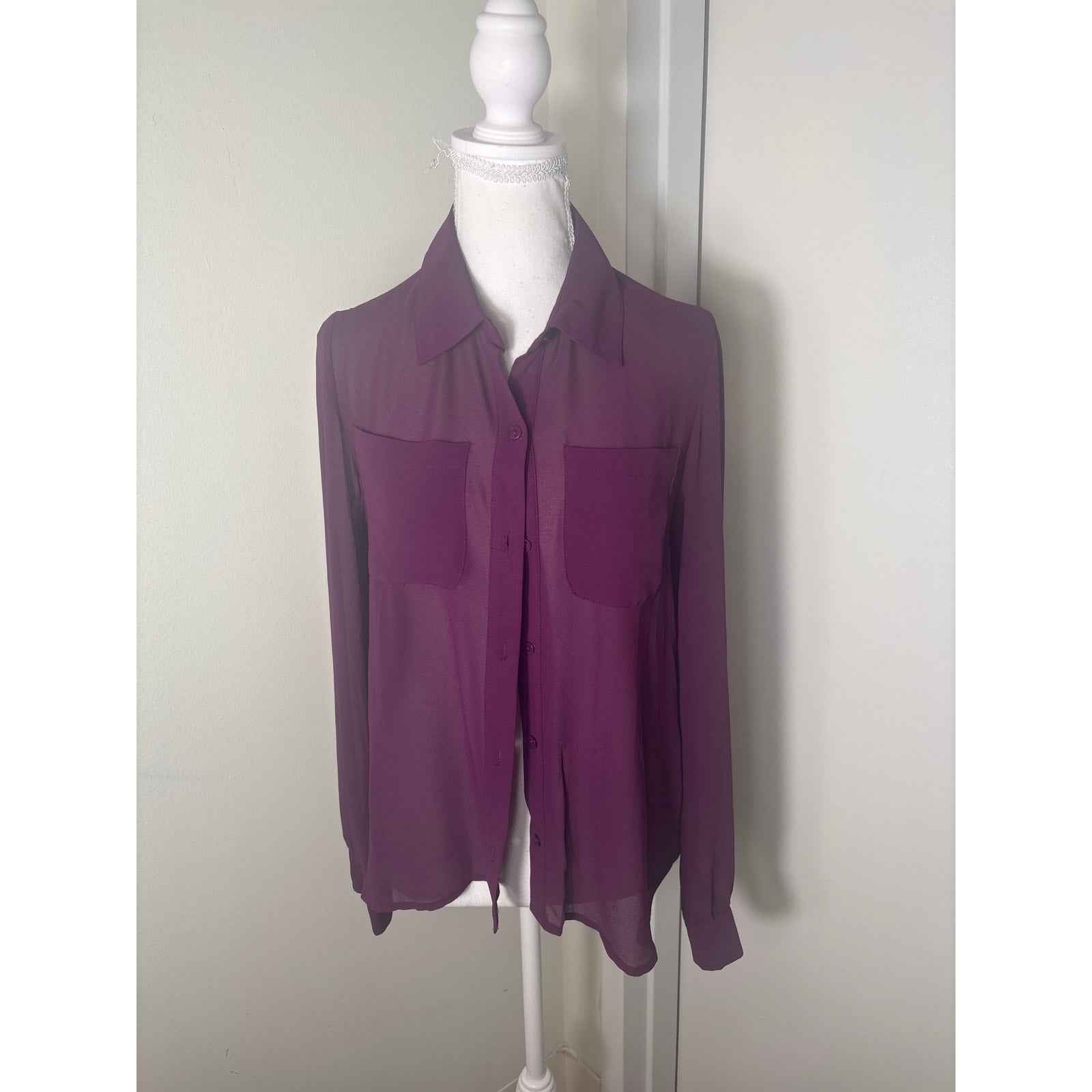 Naked Zebra Plum Long Sleeve Open Back Button Up Blouse Sz S