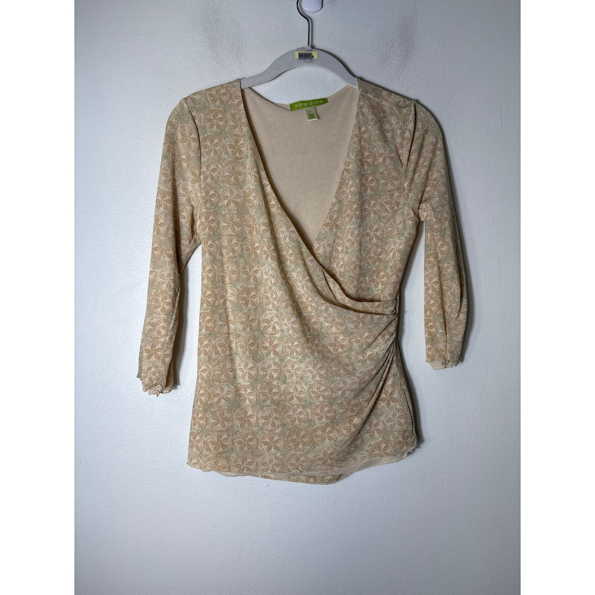 Sigrid Olsen Butter Yellow Print Mesh V Neck 3/4 sleeve Shirt Sz s