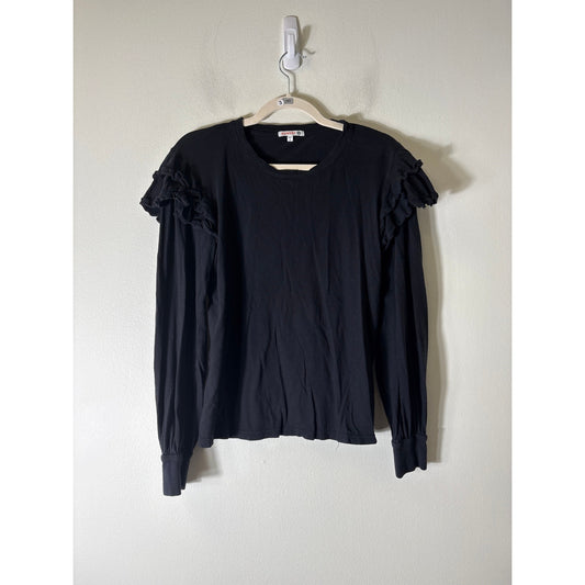 Sundry Black Long Sleeve Cotton Ruffled Shoulder Tee Sz 2