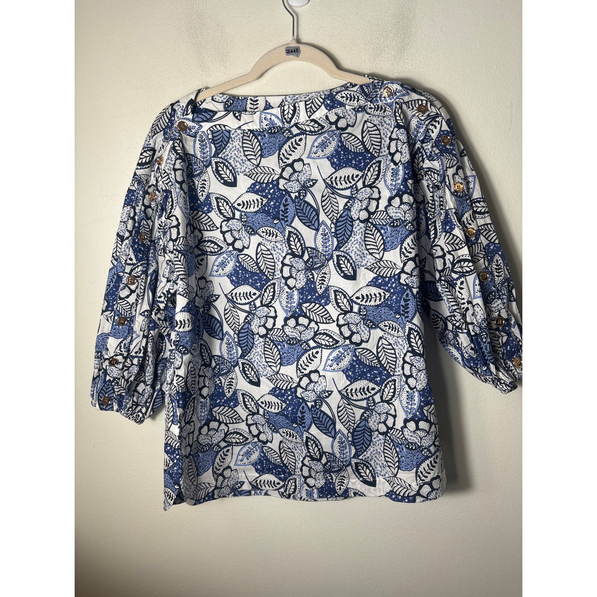 Buru Blue Leaf Gold Button Sleeve Top Sz S