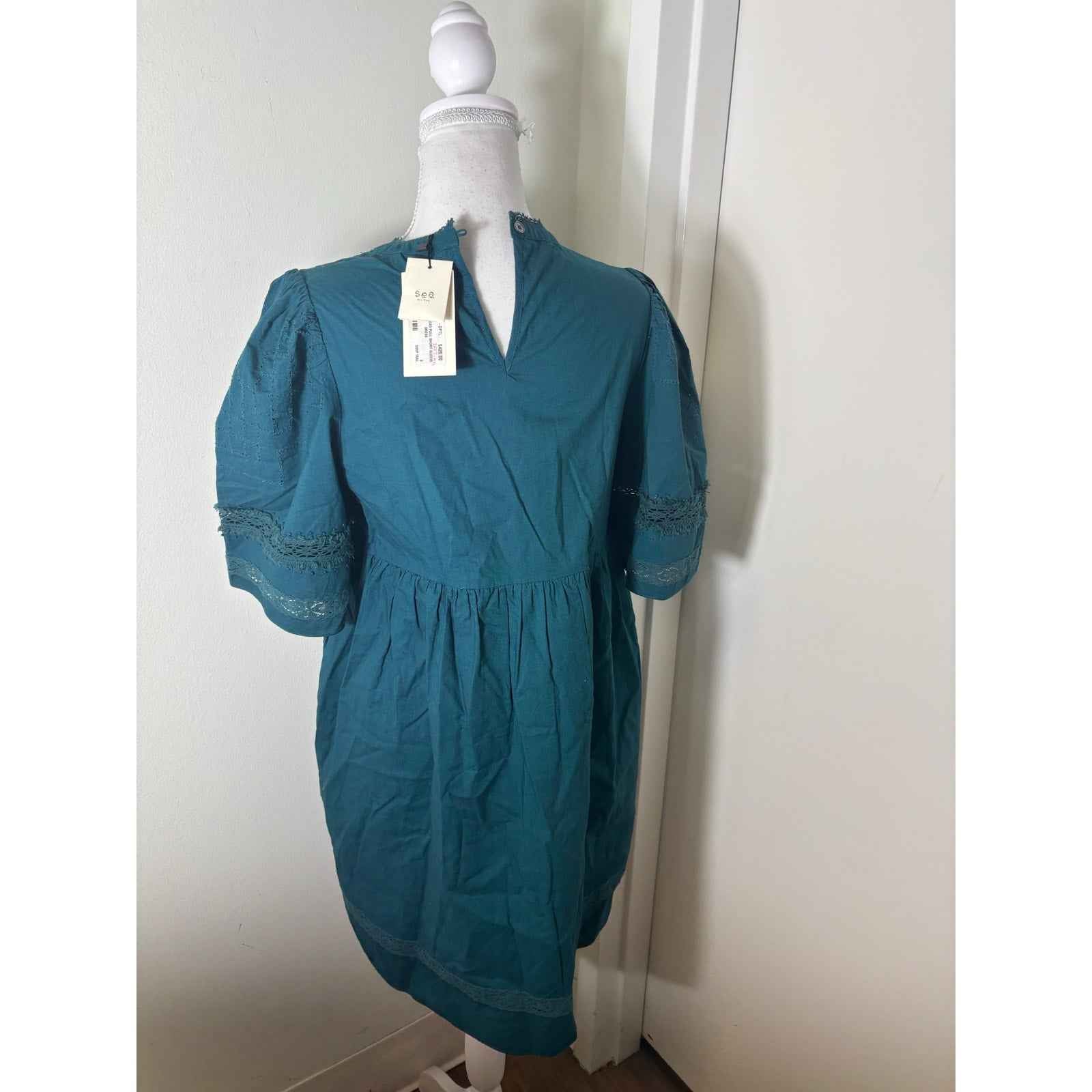 NWT Sea NY Dark Green "Lilith Thread Pull Short Sleeve Dress" Sz S