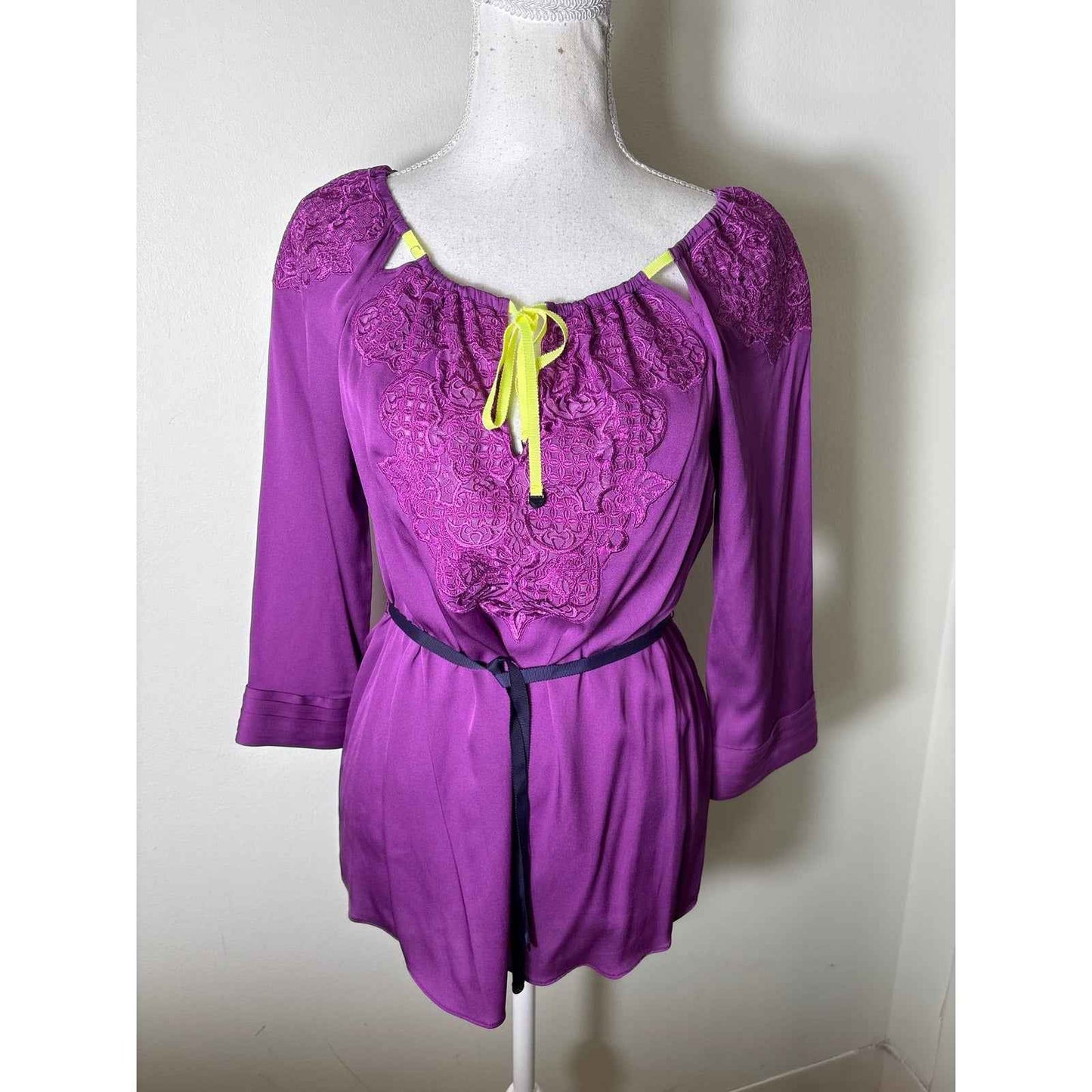 Elie Tahari Purple and Neon Yellow Long Sleeve Embroidered Silk Blouse Sz XS