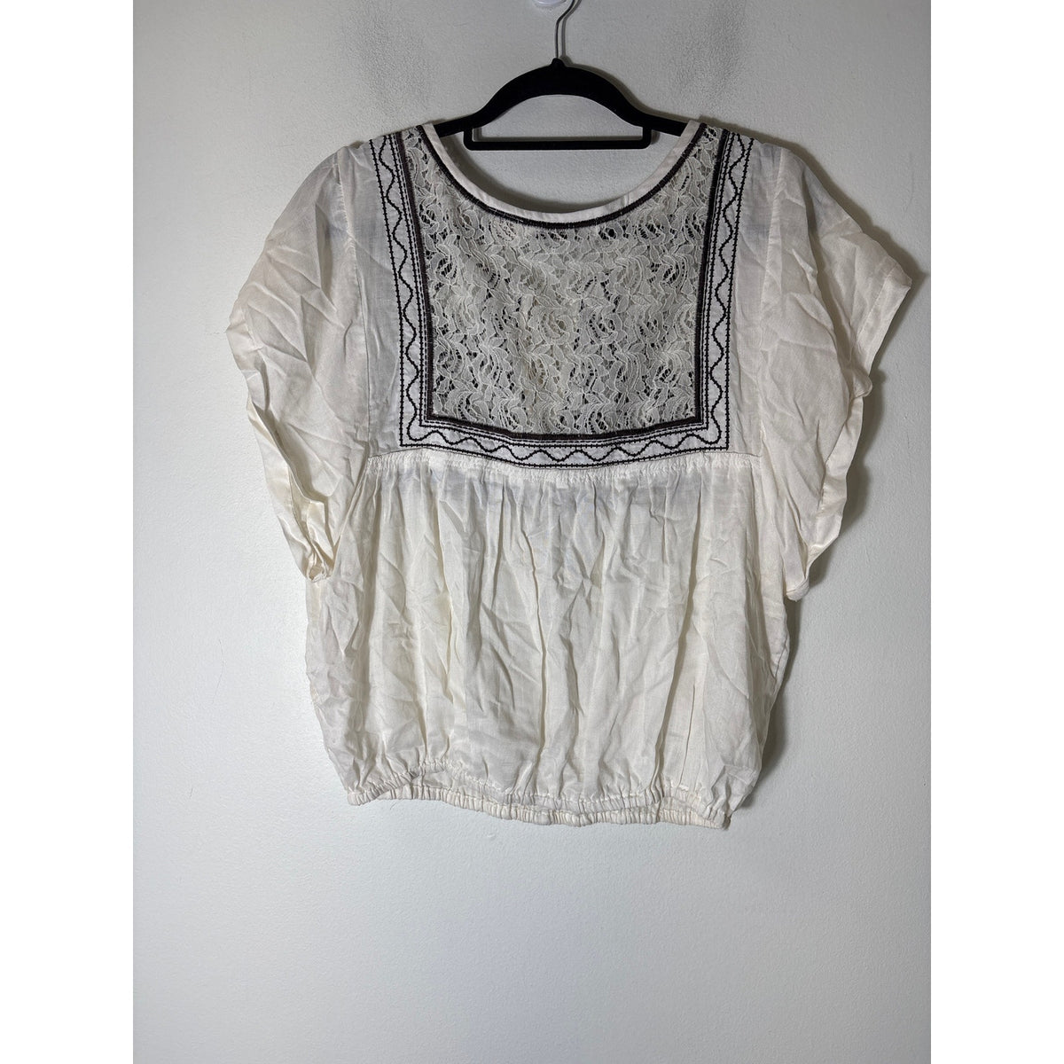 Vintage Havana Off White Brown Embroidered Short Sleeve Sz M