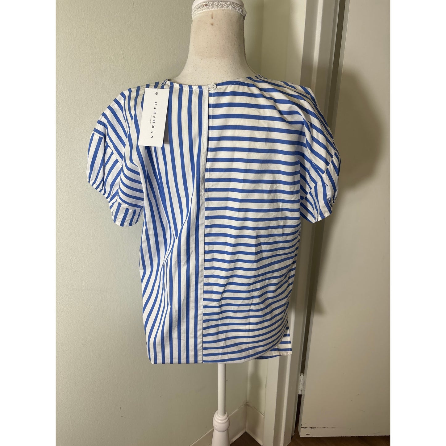 NWT Harshman Blue White Stripe Cap Sleeve V-Neck Cotton Shirt Sz M