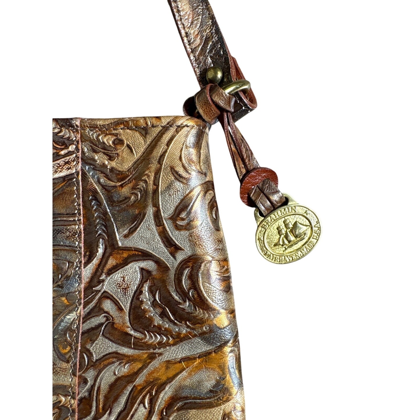 Vintage Brahmin Tan Tooled Floral Leather Crossbody Bag