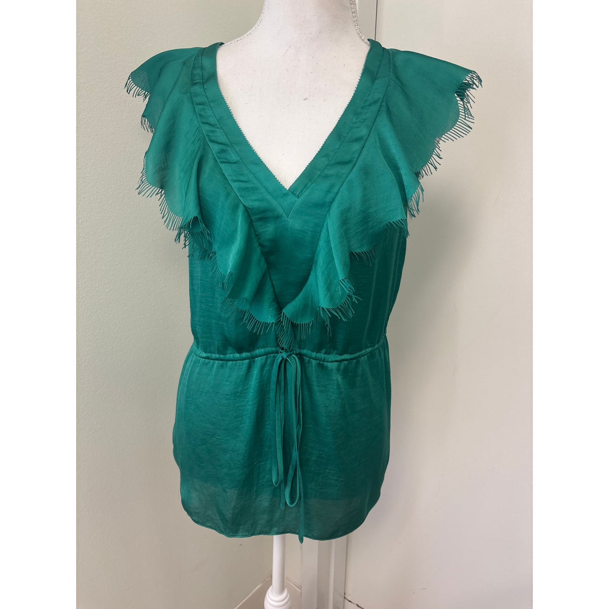 Rebecca Taylor Green Sleeveless Ruffle V-Neck Scalloped Ruffle Shirt Sz 4