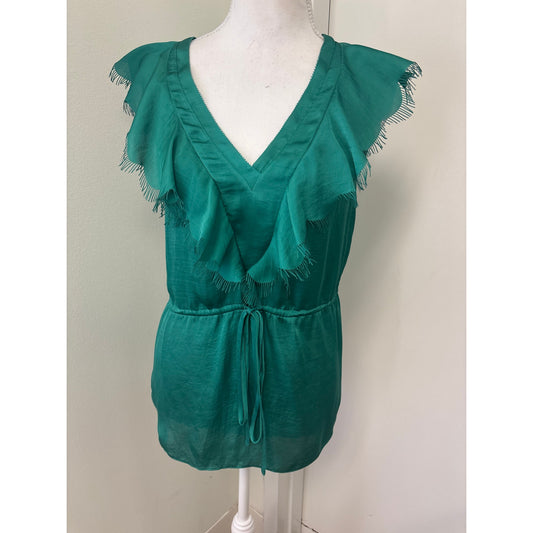 Rebecca Taylor Green Sleeveless Ruffle V-Neck Scalloped Ruffle Shirt Sz 4