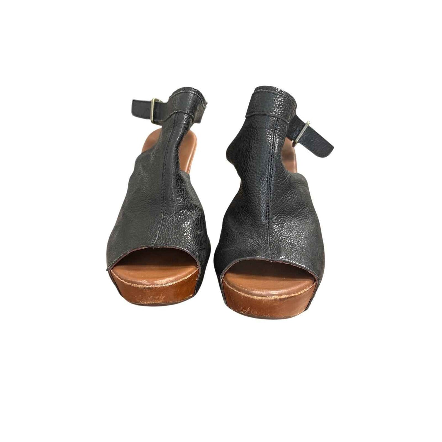 Kork Ease Black Leather Peep Toe Wedges Sz 8