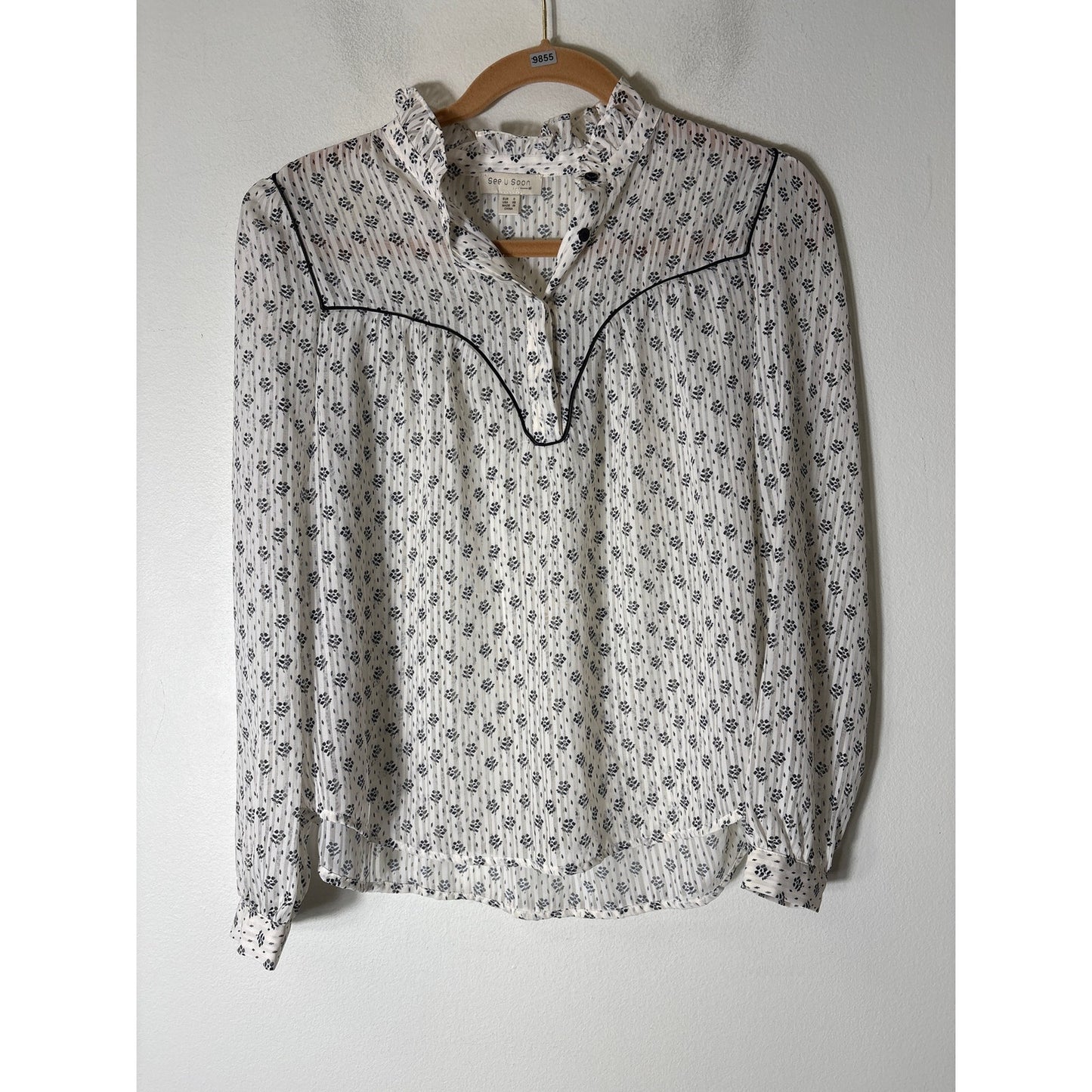 See U Soon White And Black Floral Sheer Long Sleeve Top Sz XS