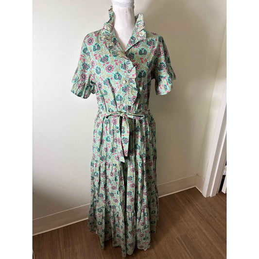 Millie Pink and Green Block Print Ruffled Maxi Dress Sz S
