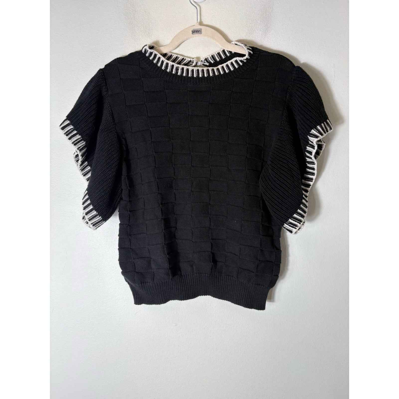 Ollari Black White Flutter Sleeve Knit Sweater Sz L