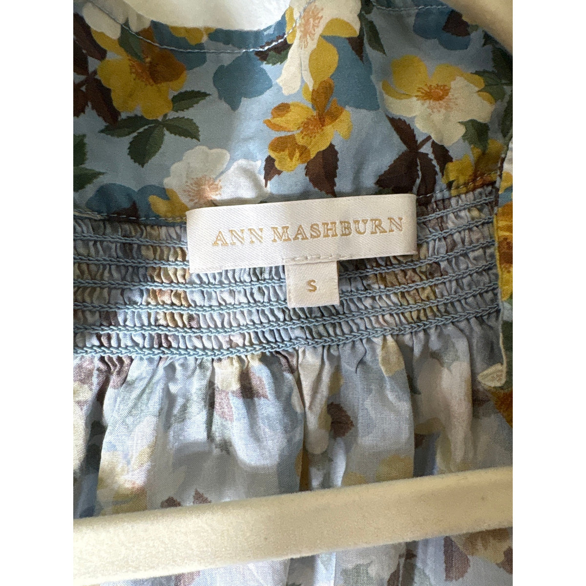 Ann Mashburn Light Blue Floral Long Sleeve Cotton V-Neck Top Sz S