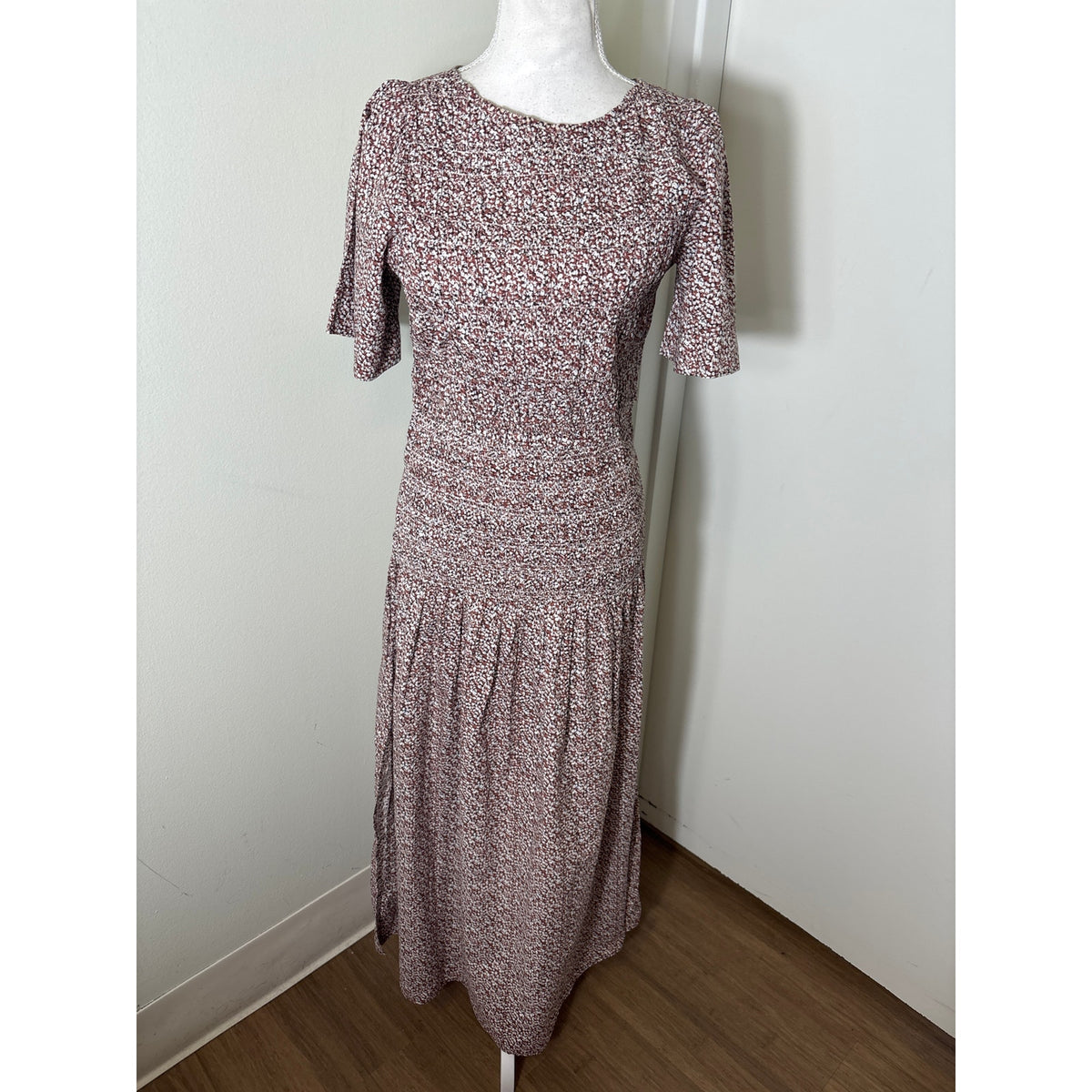 Apiece Apart Brown and White Floral Smocked Bodice Short Sleeve Maxi Dress Sz S