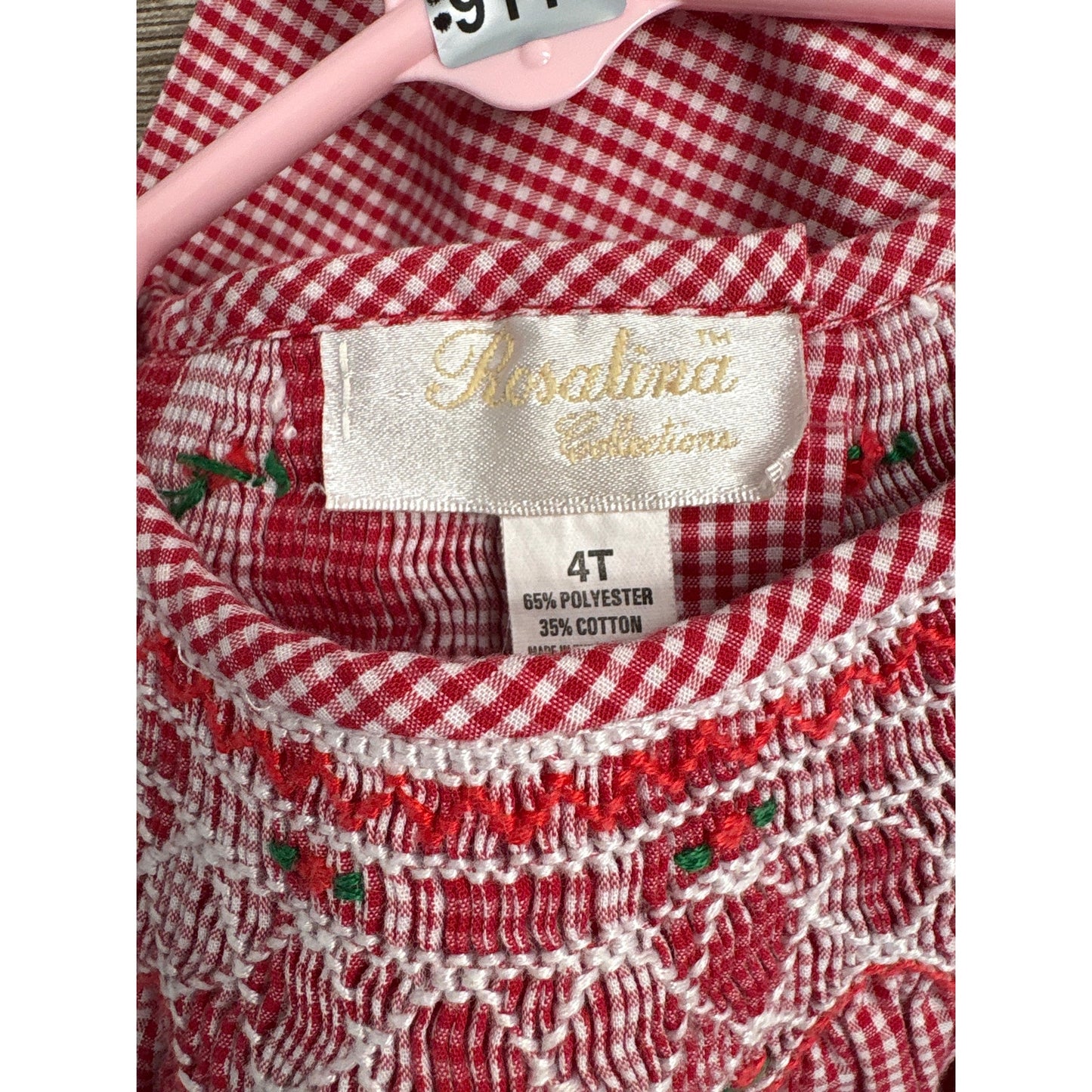 Girls Vintage Rosalina Red check smocked puff short sleeve dress Sz 4T
