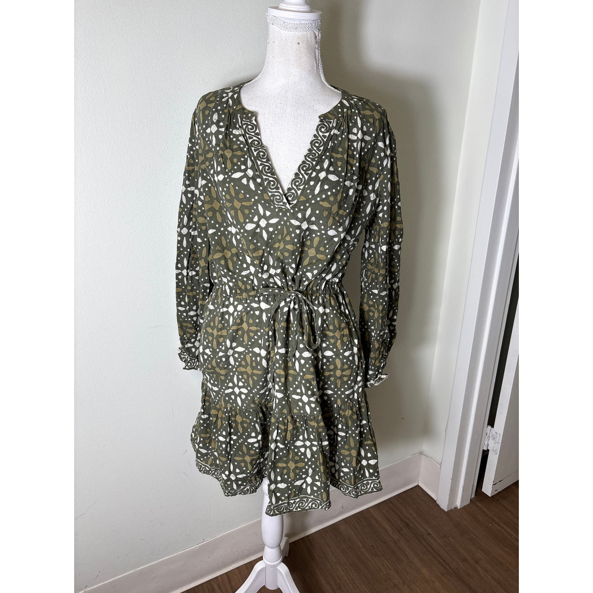 Velvet Green Cotton Long Sleeve Tiered Mini Dress Sz S
