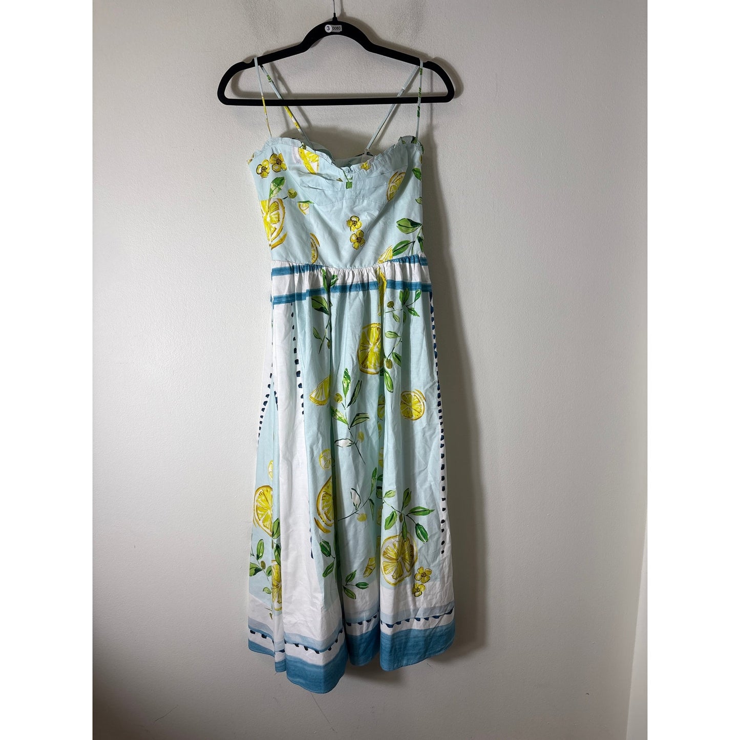Zara Light Blue Lemons Backless Cotton Maxi Dress Sz L
