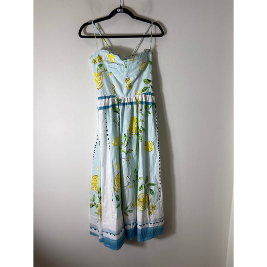 Zara Light Blue Lemons Backless Cotton Maxi Dress Sz L