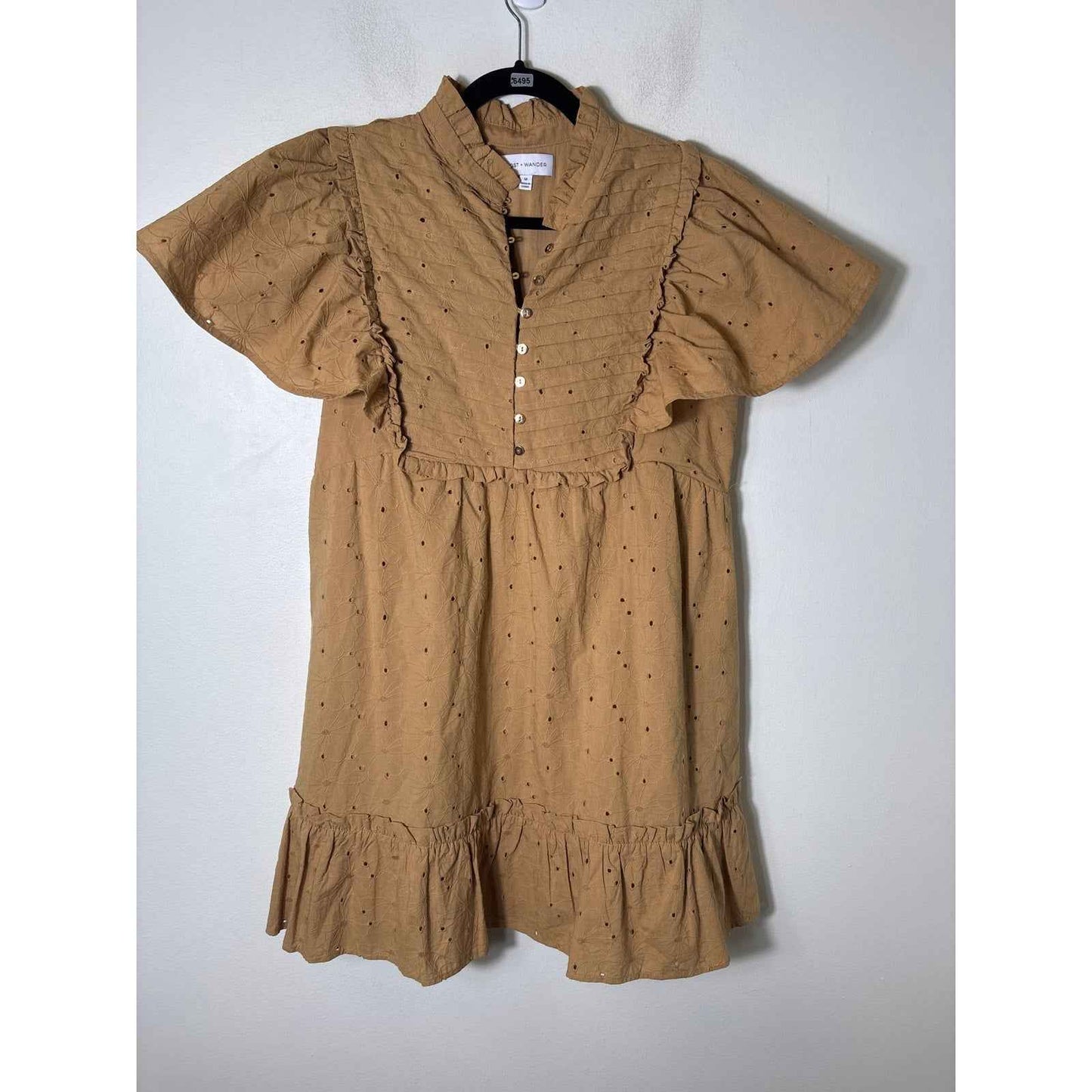 Lost + Wander Light Brown Flutter Sleeve Eyelet Mini Dress Sz M
