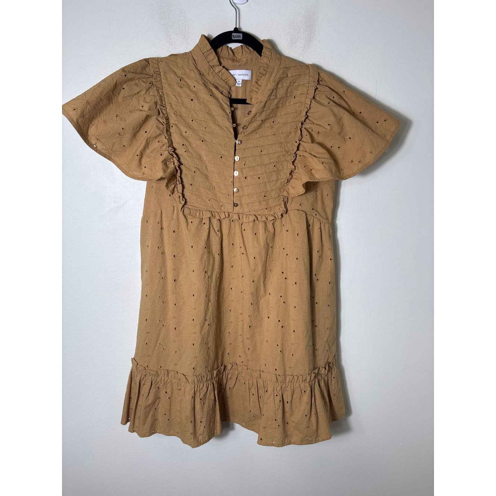 Lost + Wander Light Brown Flutter Sleeve Eyelet Mini Dress Sz M