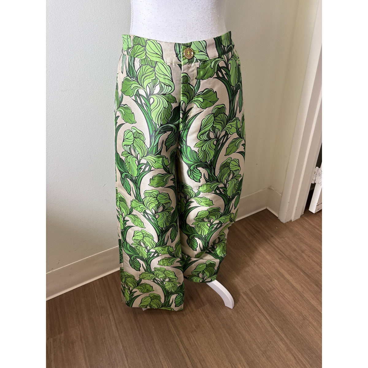 Buru Green and Beige Jacquard Leaf Vine Pant Sz S