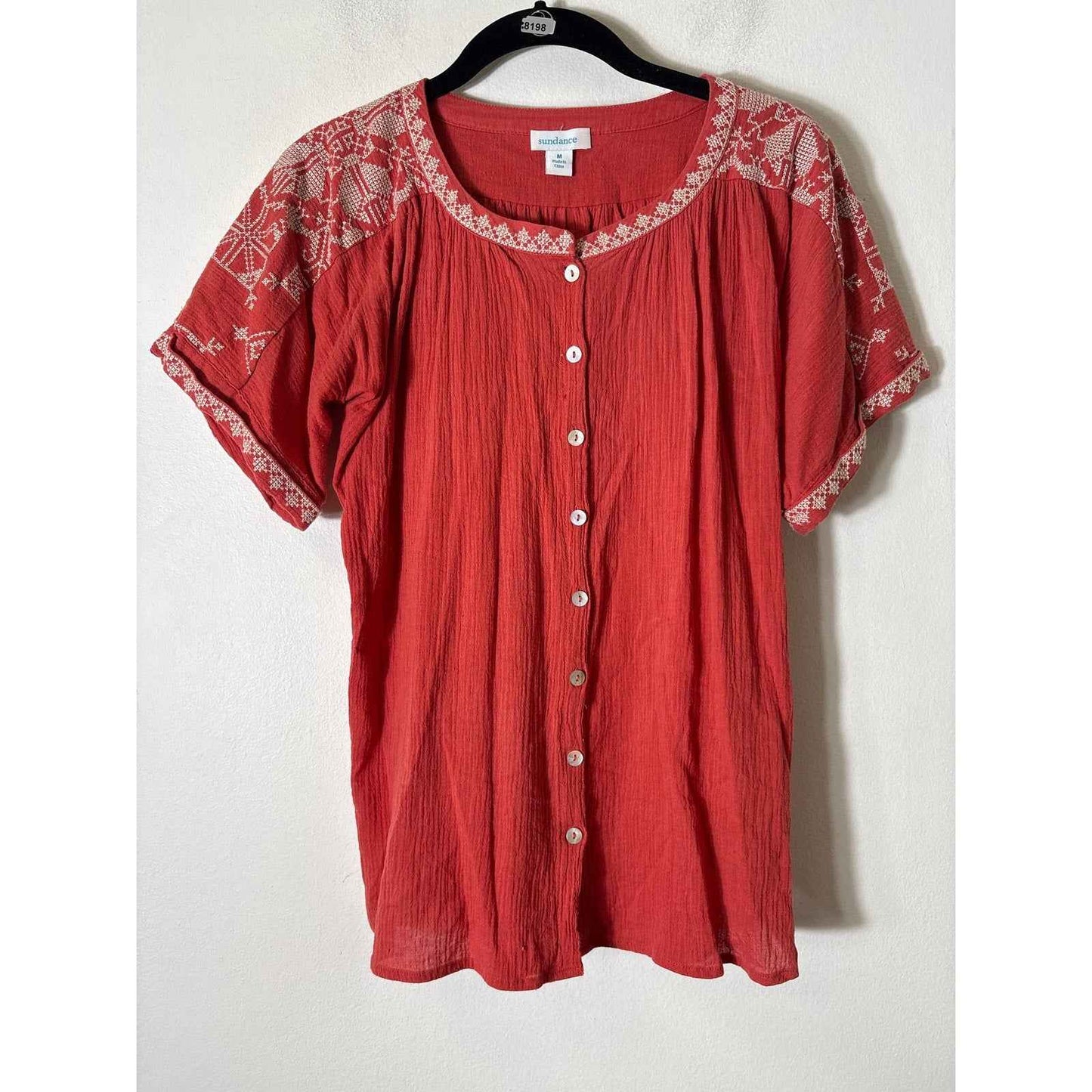 Sundance Coral Embroidered Button Up Shirt Sz M