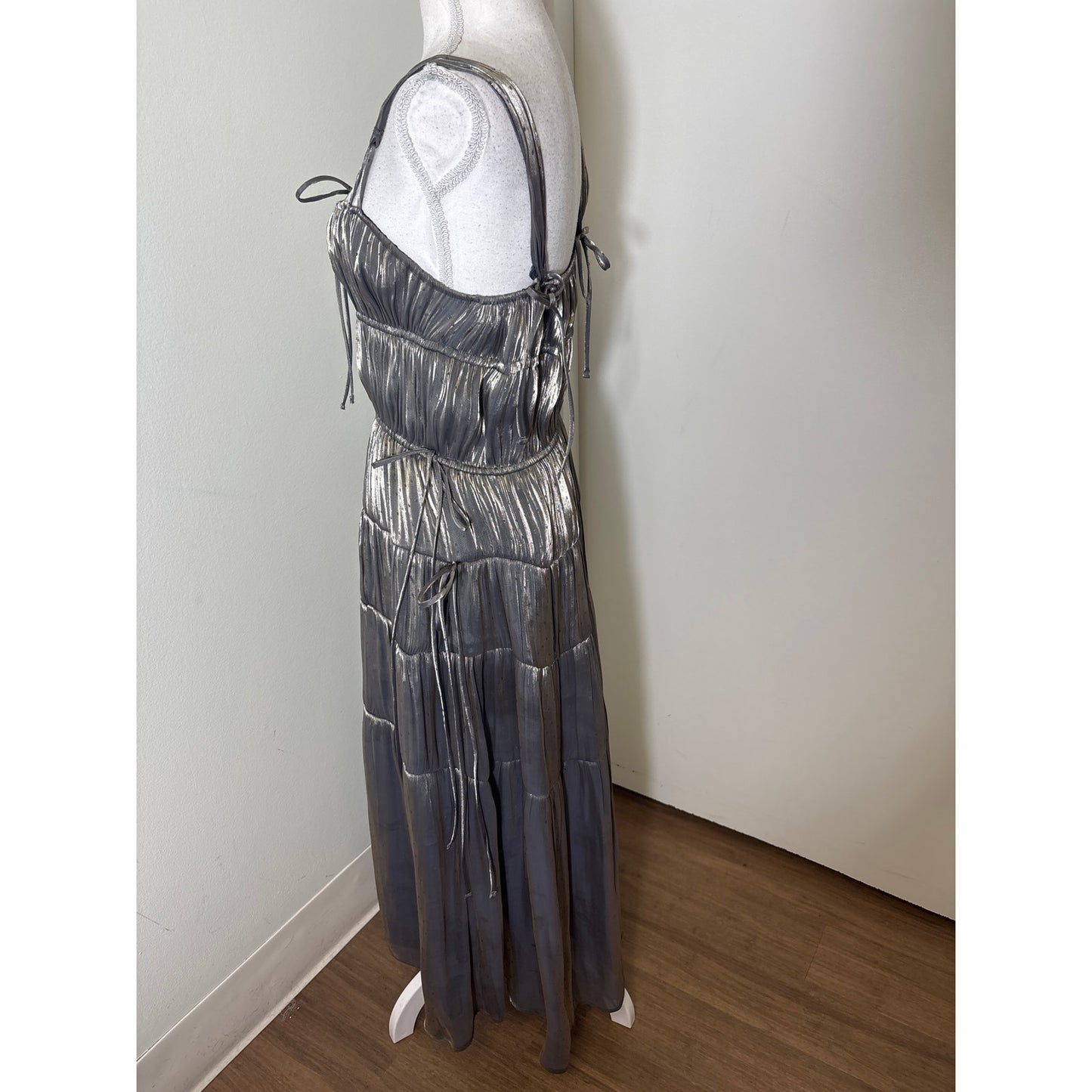 Ciao Lucia Gun Metal Pleated Tiered Long FLowy Special Occasion Dress Sz L