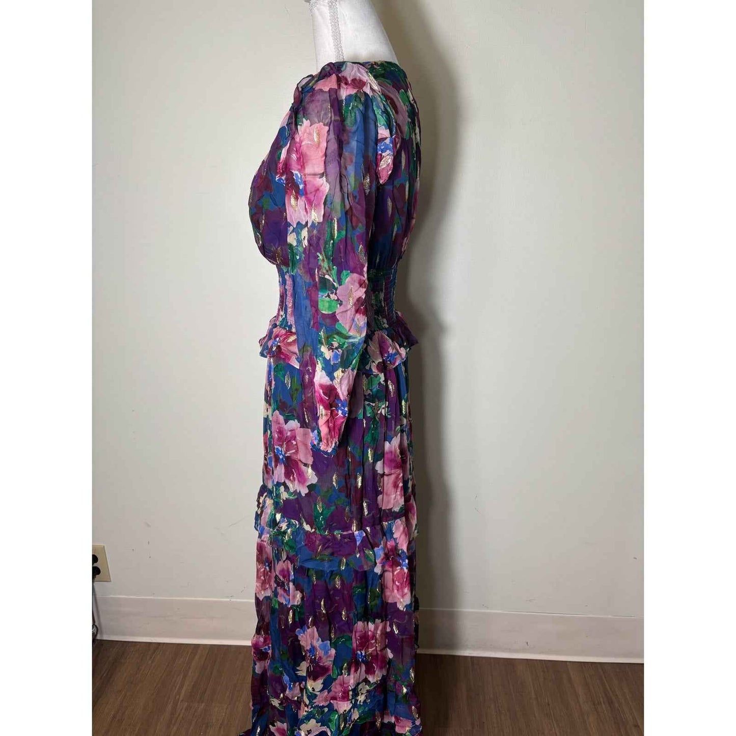 Shoshanna Midnight Multicolor Floral 3/4 Sleeve Maxi Dress Sz 10