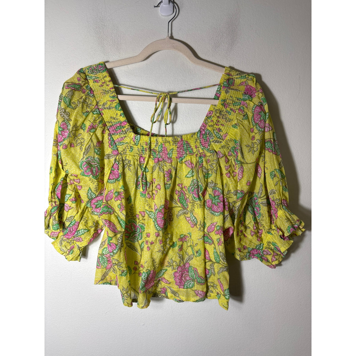 SUNDRY Yellow Pink Floral Puff Sleeve Cotton Top Sz 2