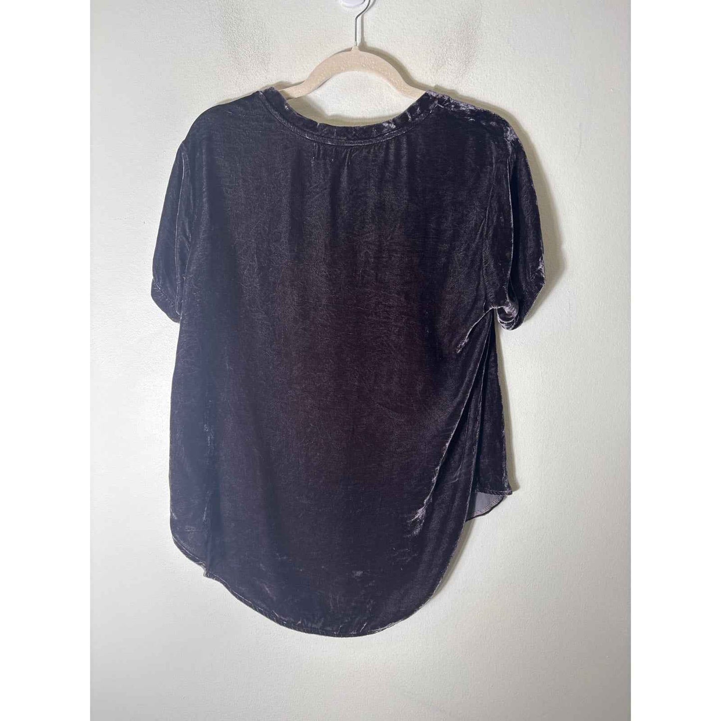 Bella Dahl Dark Purple Short Sleeve V-Neck Velvet Shirt Sz M