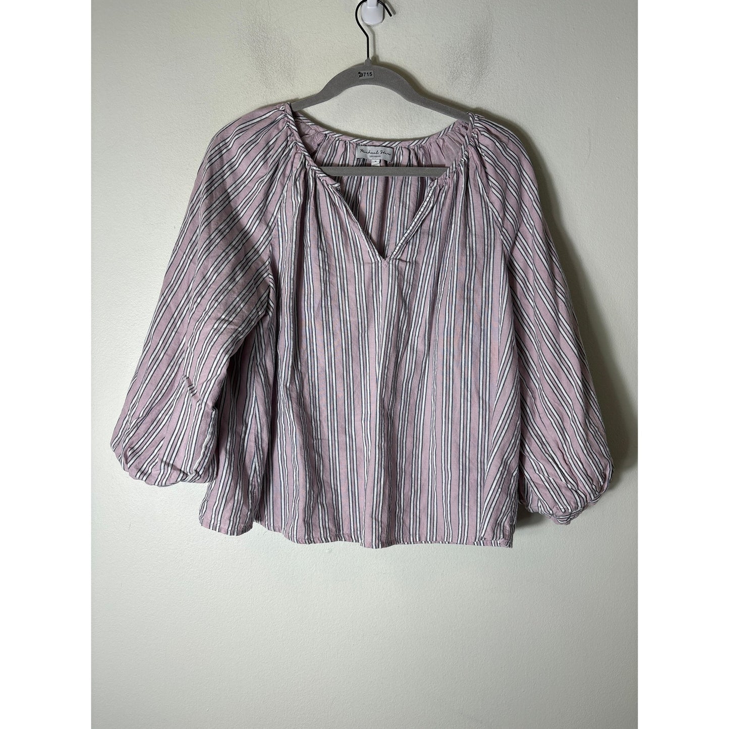 Michael Stars Pink Stripe Long Puff sleeve Cotton V-Neck Shirt Sz M