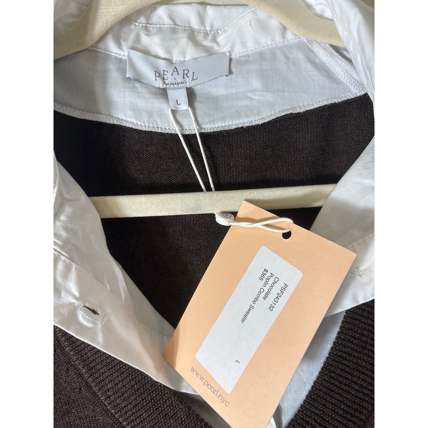 NWT Pearl by Lela Rose Chocolate Poplin Combo Sweater Sz L