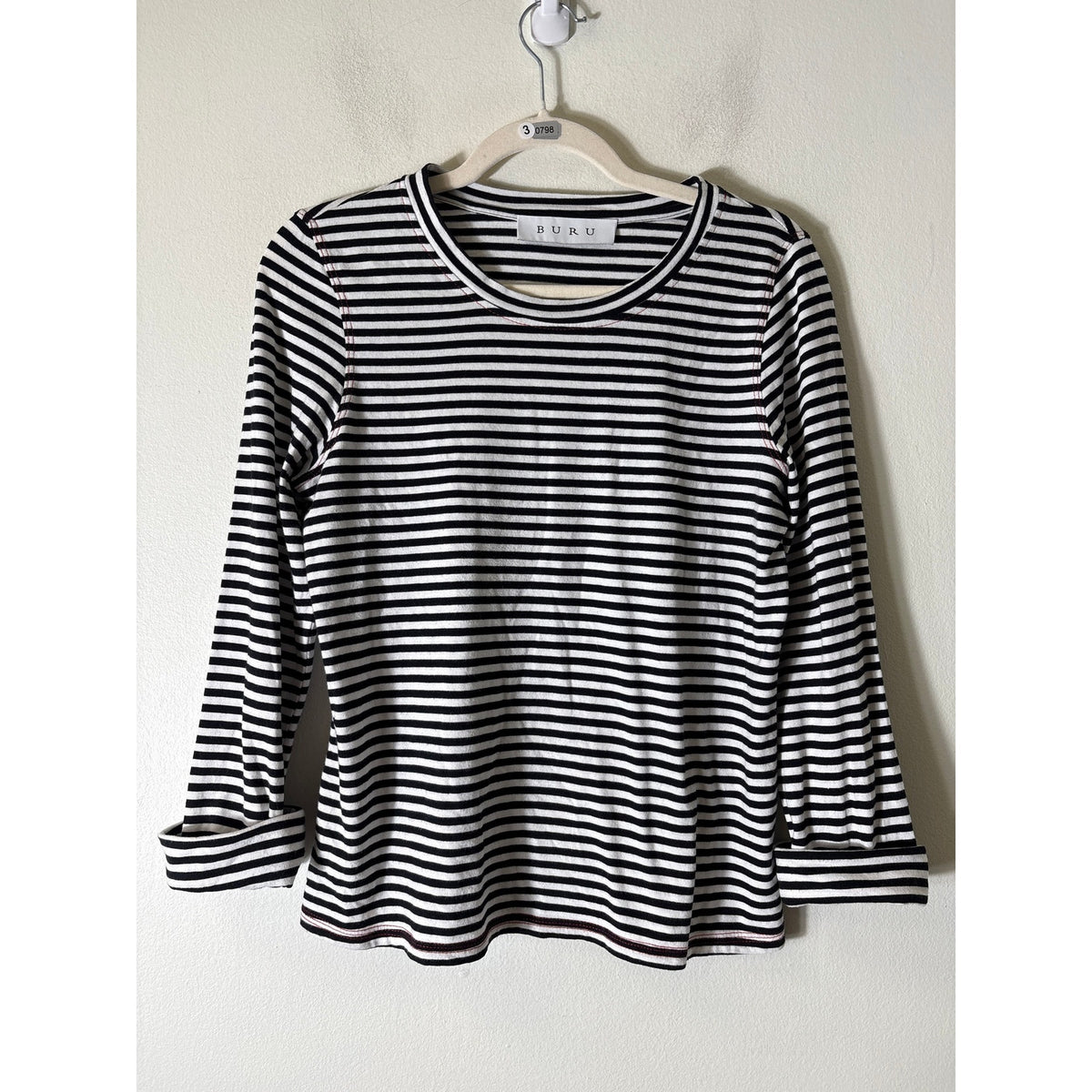 Buru Black and White Strip Boat Neck 3/4 Sleeve Tee Sz S