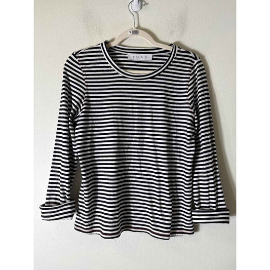 Buru Black and White Strip Boat Neck 3/4 Sleeve Tee Sz S