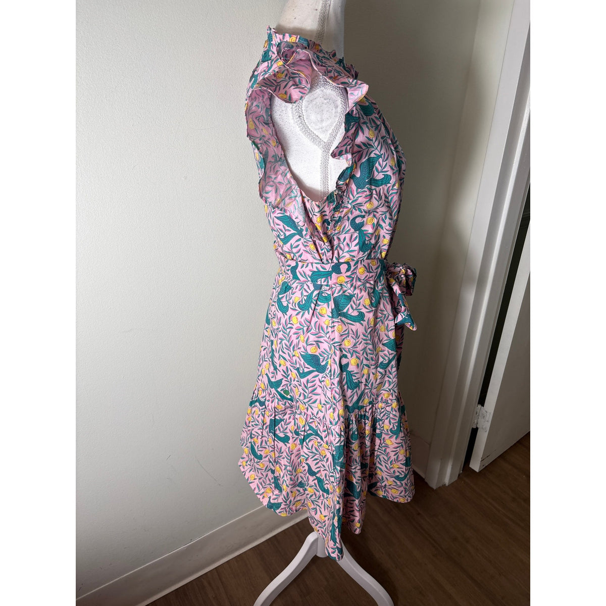 Banjanan Pink and Green Bird Midi Dress Sz M