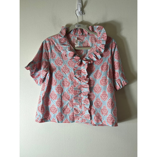 Pants Store Blue and Red Ruffle Top Sz S