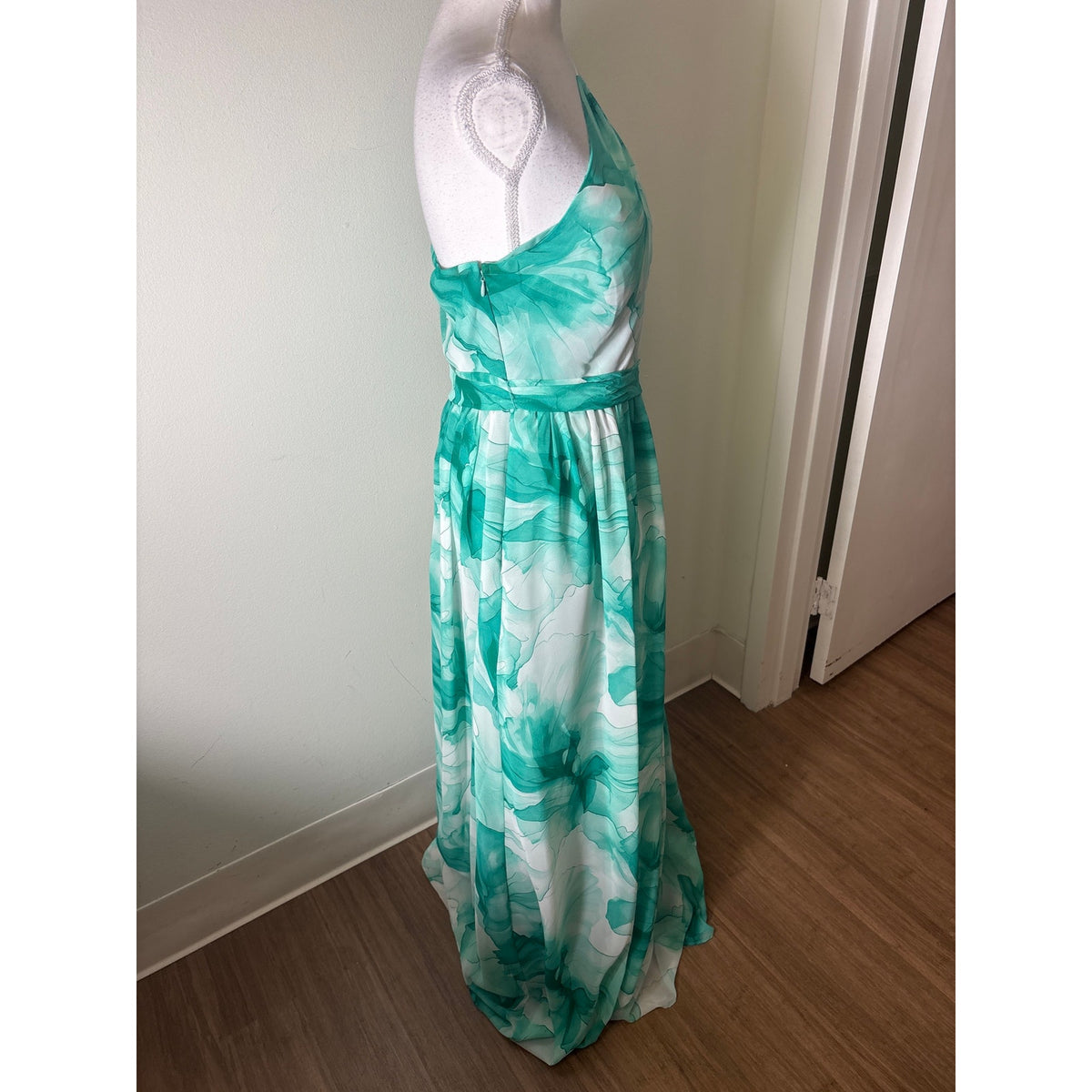 NWT Donna Karen Green Watercolor One Shoulder Floor Length Gown Sz 10