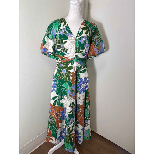 Shoshanna Green Tropical Print Puff Sleeve Cotton V-Neck Maxi Dress Sz 4