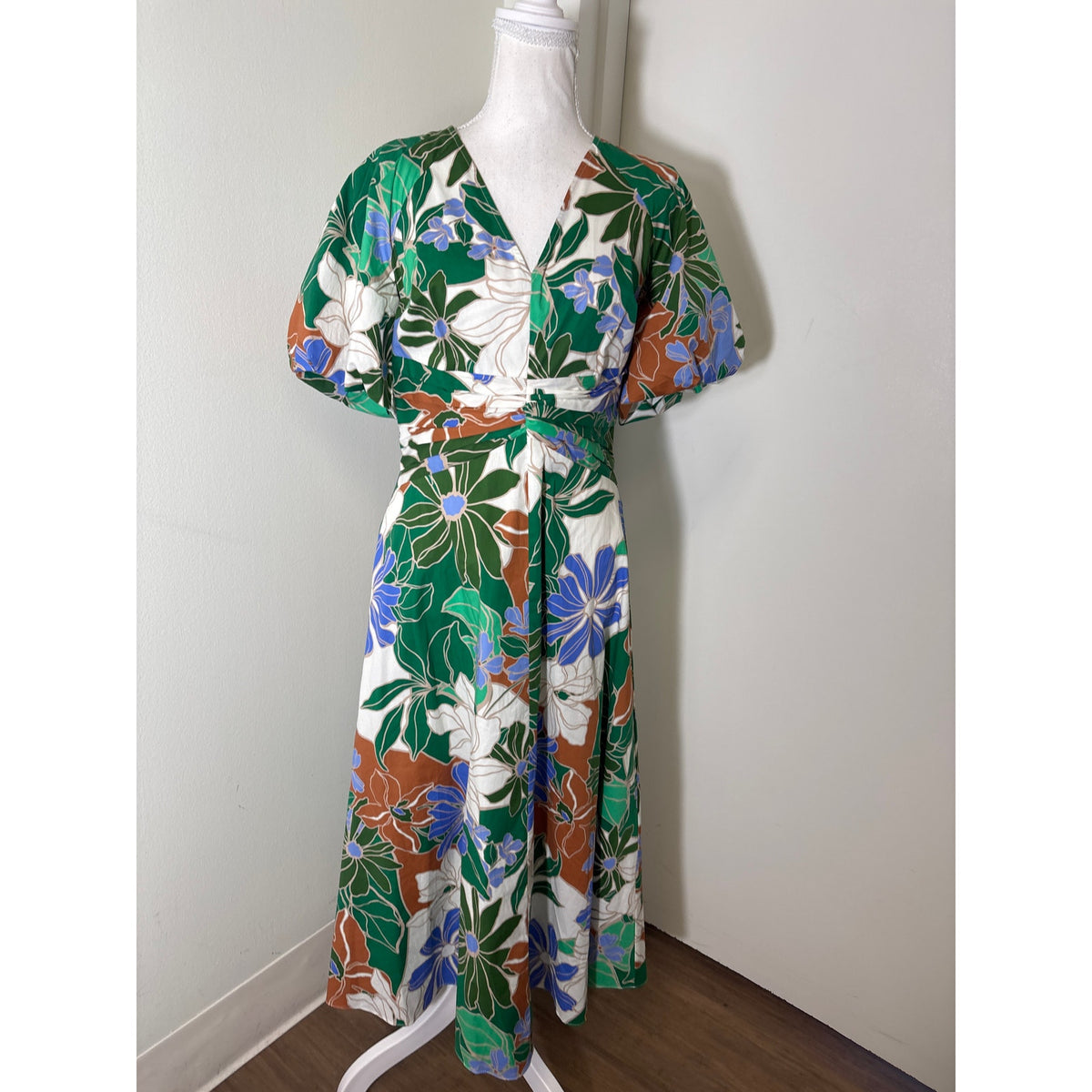 Shoshanna Green Tropical Print Puff Sleeve Cotton V-Neck Maxi Dress Sz 4