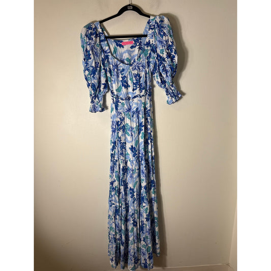 Feather & Find Blue Tropical Puff Sleeve Maxi Dress Sz S