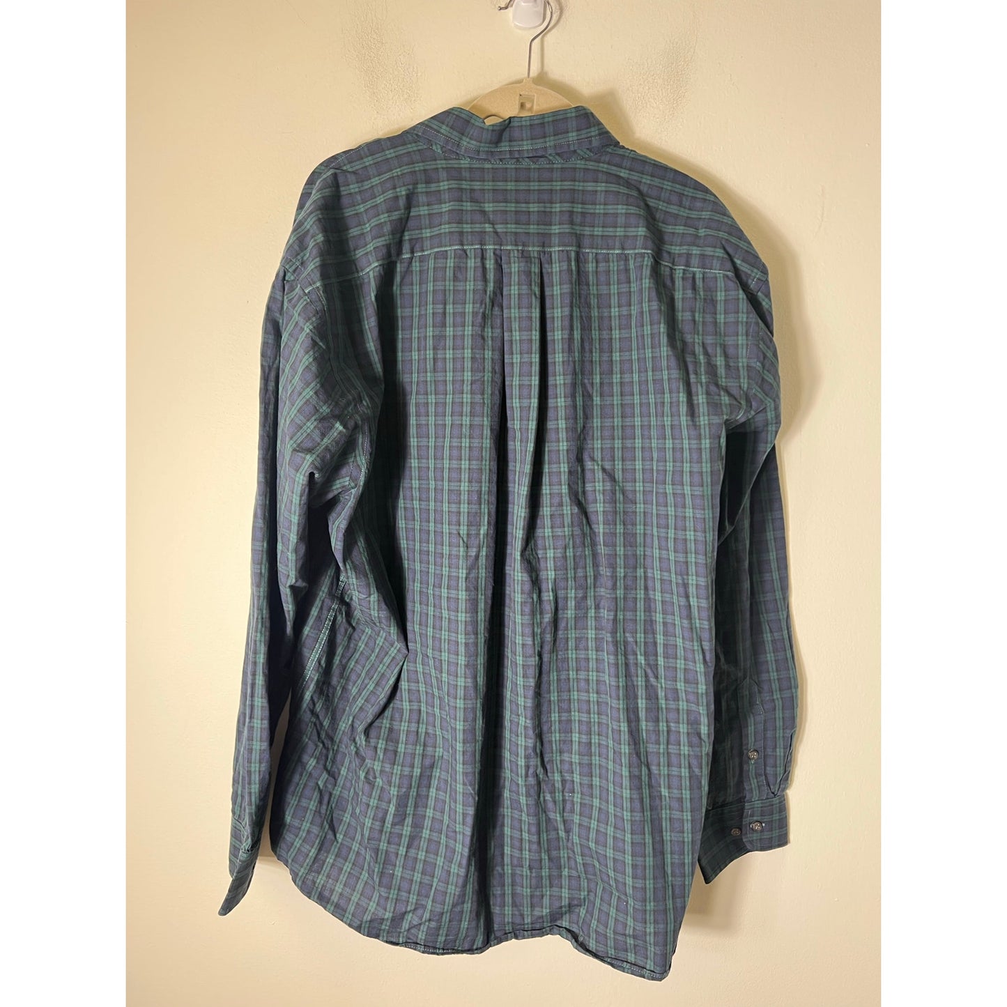 Club Room Mens Regular Fit Button Up Navy and Green Plaid Shirt Sz 17.5,  36/37
