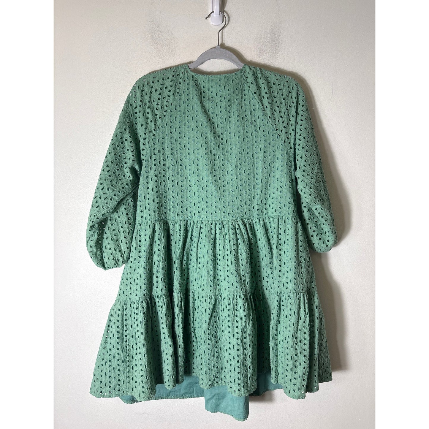 Karina Grimaldi Sage Green Eyelet Long Sleeve Tiered Mini Dress Sz M