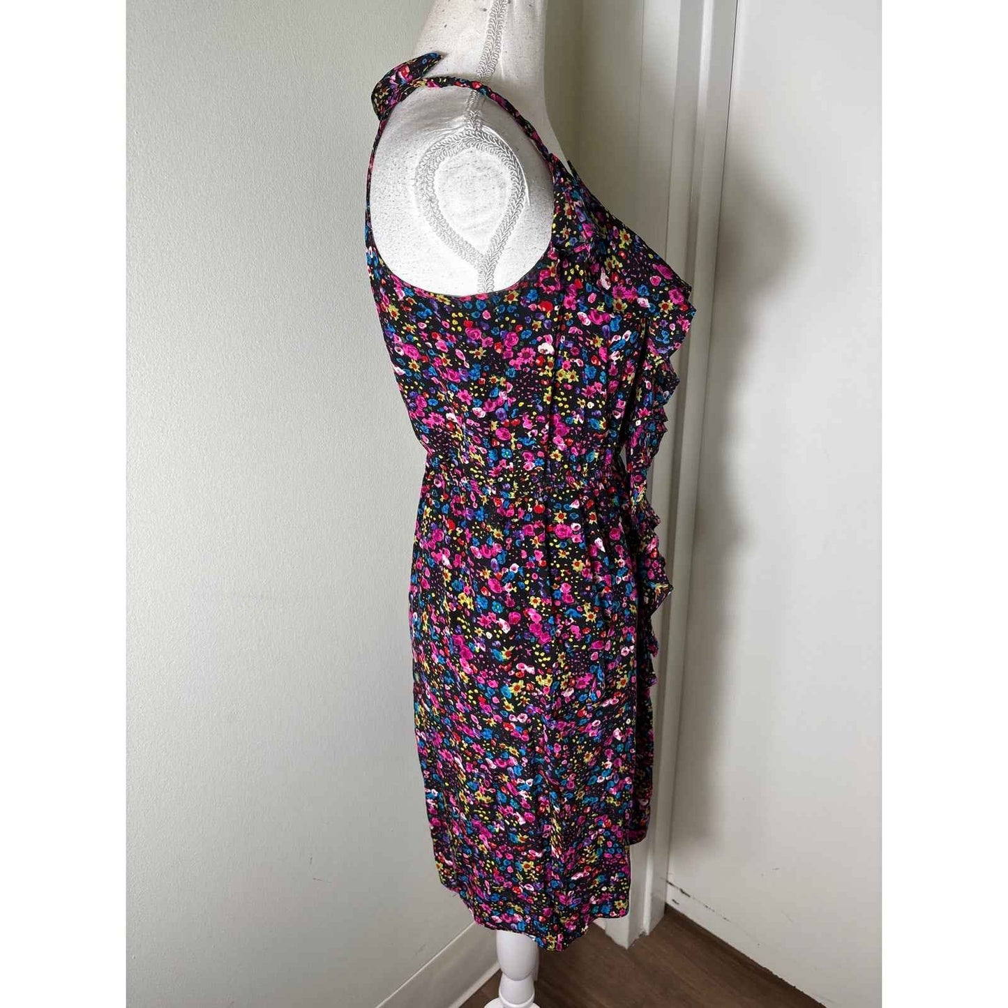 Rebecca Taylor Black Floral Sleeveless Silk Knee Length Dress Sz 2