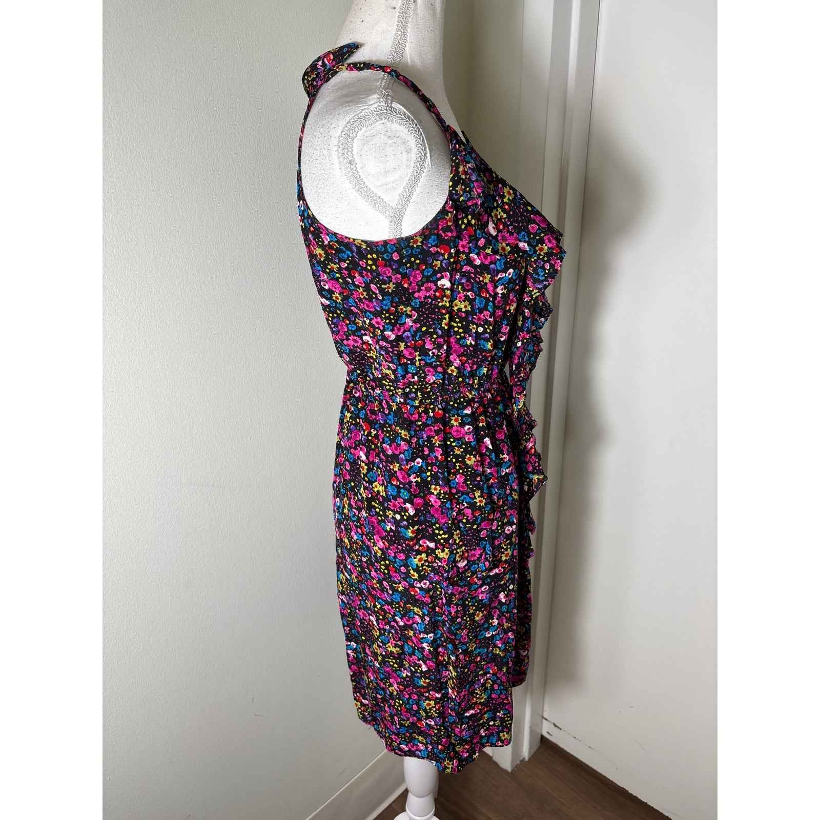 Rebecca Taylor Black Floral Sleeveless Silk Knee Length Dress Sz 2