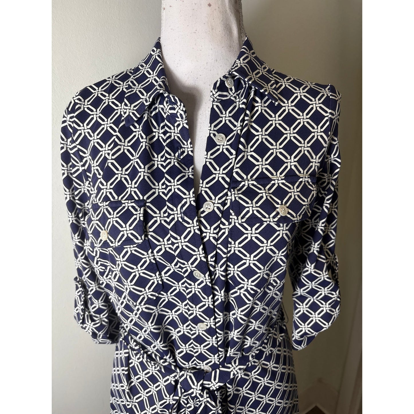 J. McLaughlin Dark Blue White Bamboo Long Sleeve Knee Length Dress Sz XS