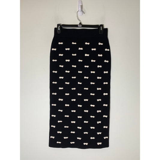 NWOT Pearl by Lela Rose Black Knit Pull On Midi Skirt with White Bows Sz S