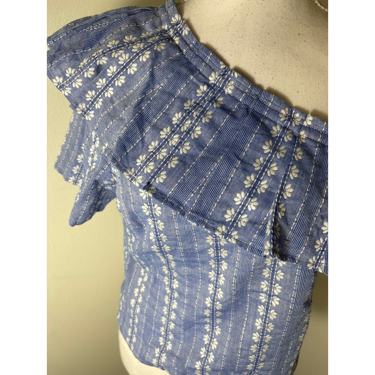 Splendid Blue White One Shoulder Ruffle Cotton Top Sz S